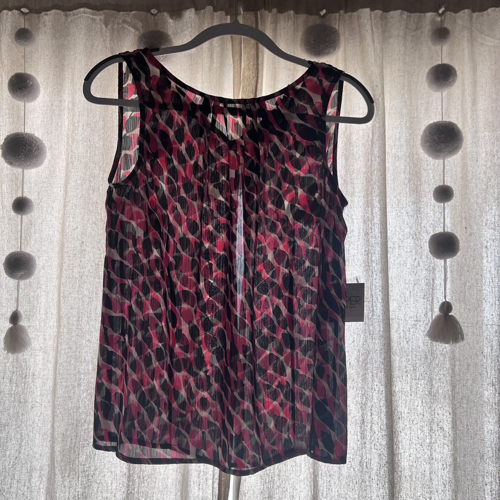Kasper Seperates-Multi Print Red/Black/White Sleeveless Sheer Blouse Size Sm